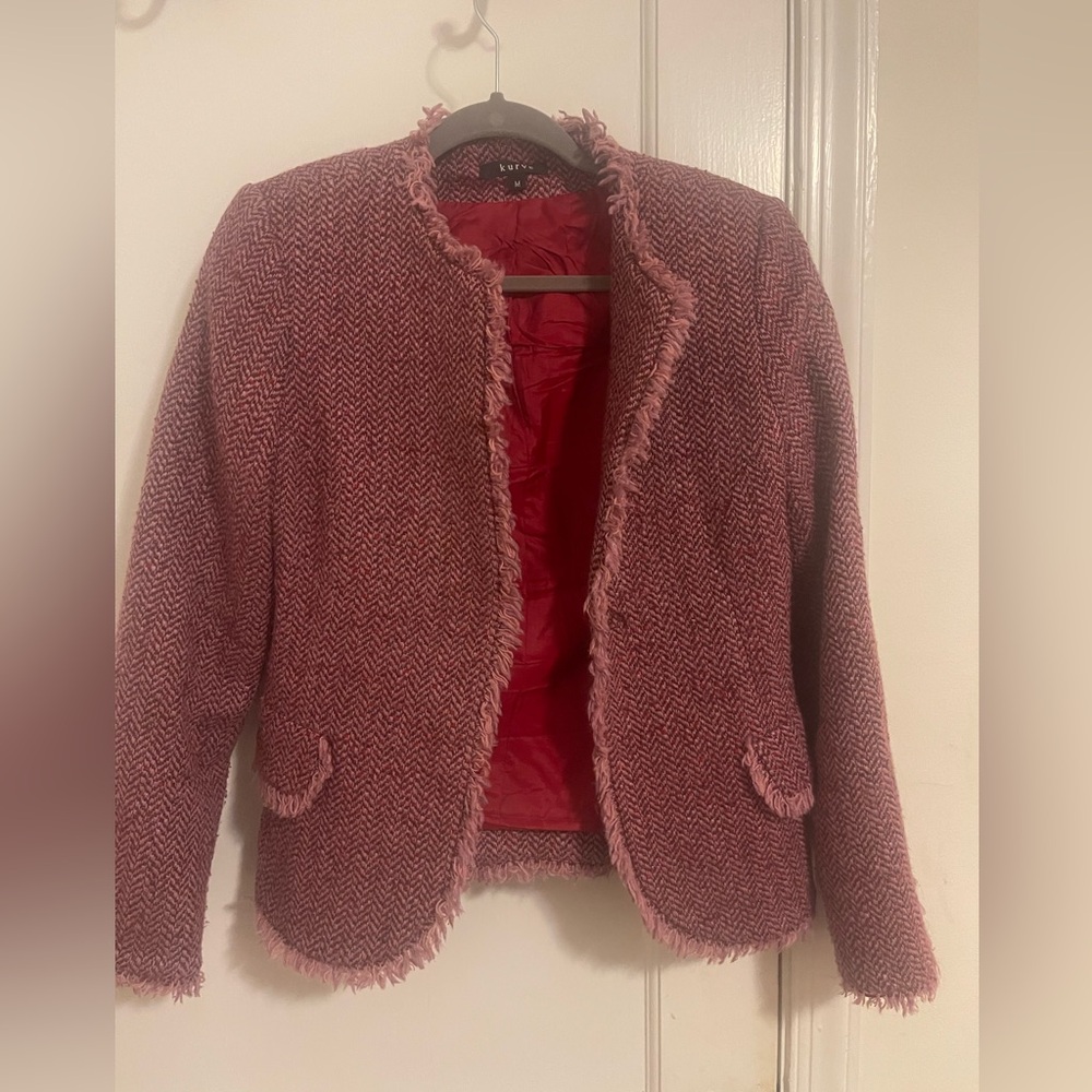 Kurve tweed collarless lady jacket with fringed detail- size medium